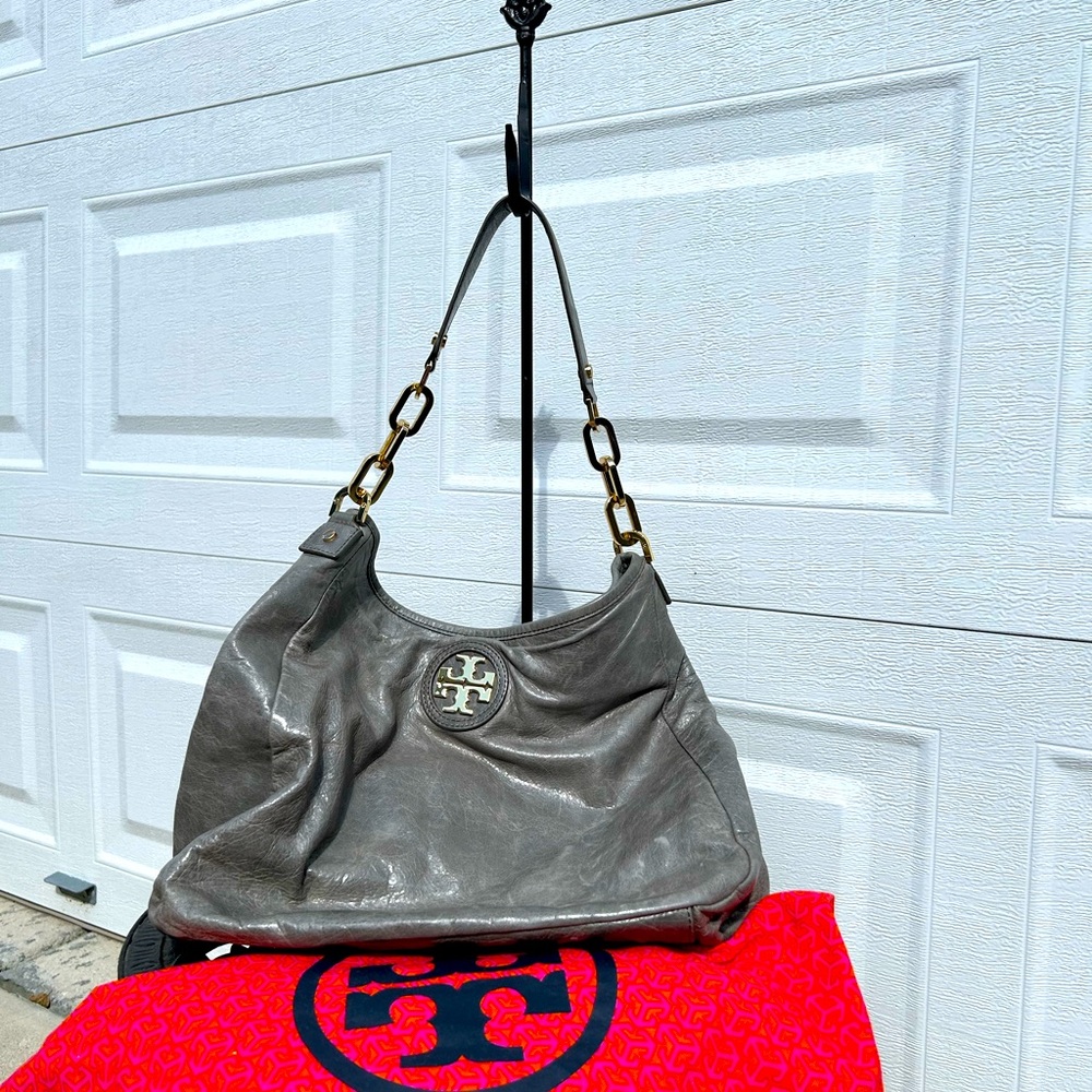 Tory Burch Vintage Distressed Grey Leather Shoulder Bag